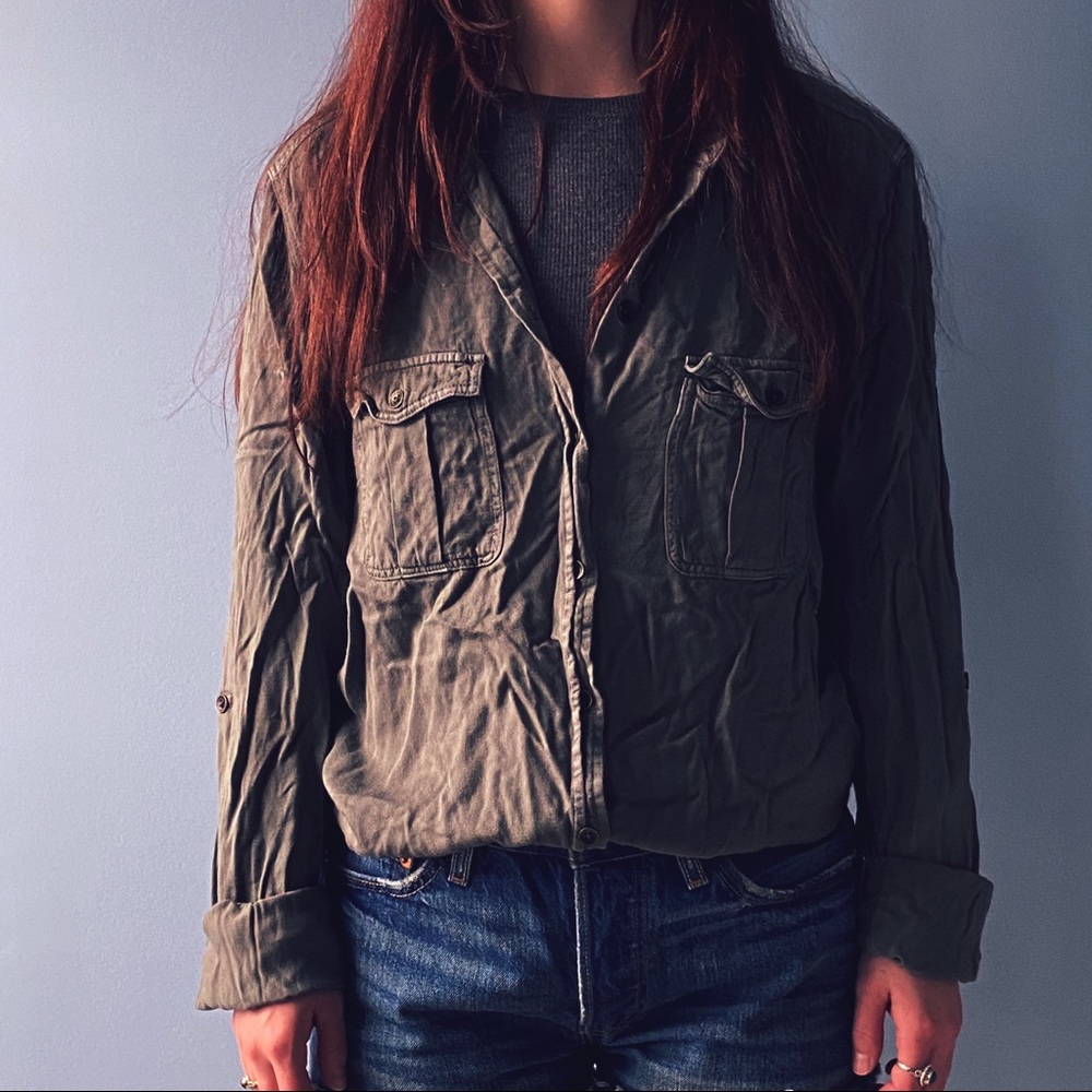 Army green button down shirt